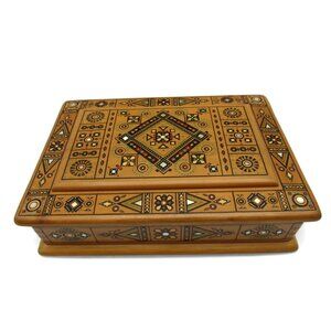 Rare Ukrainian Wooden Inlaid Carved Jewelry Box with Geometric VINTAGE 12 Inches